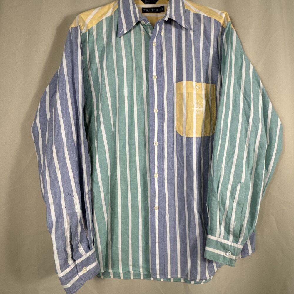 Vintage 90s Nautica Mens L Colorblock Striped Button Down Shirt Preppy Sailing